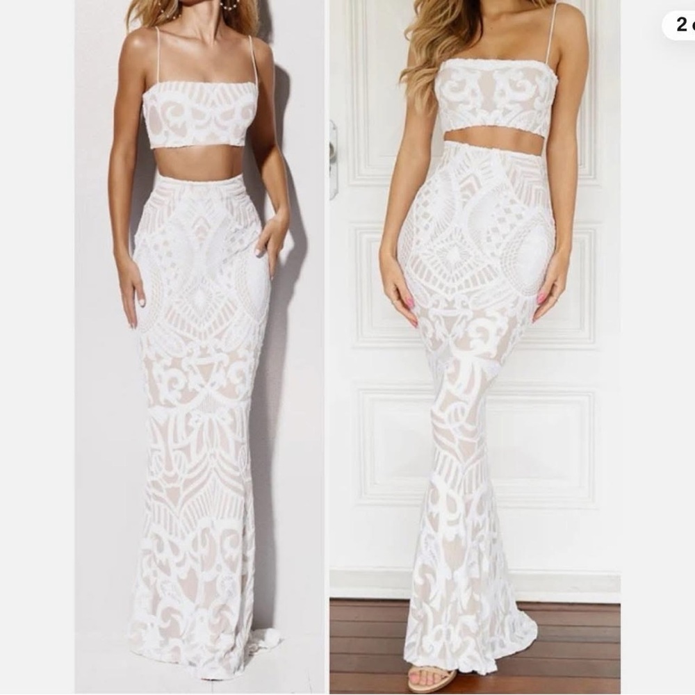 Nookie Mon Cherie Sequin Cropped Top & Maxi Skirt Set White XS